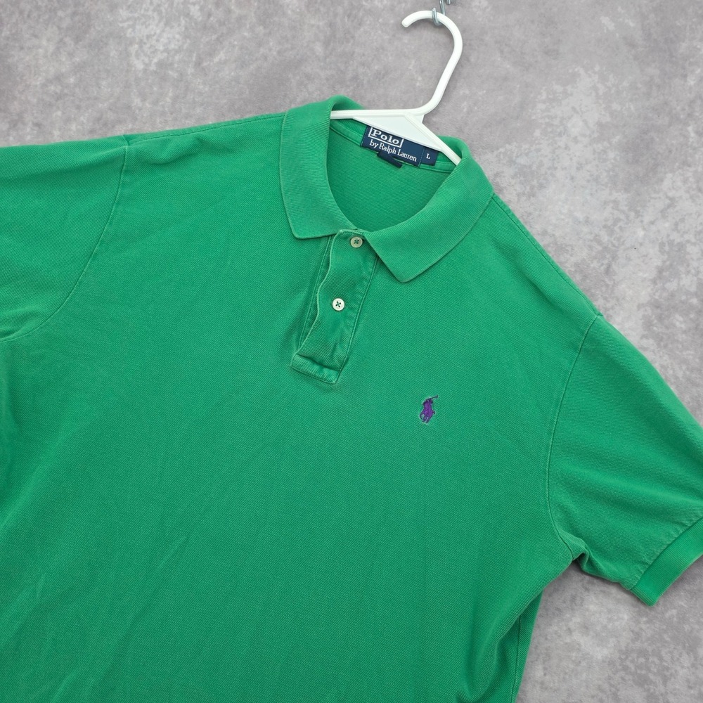 Polo Ralph Lauren Mens Large Green Pique Short Sleeve Polo Shirt Purple Pony